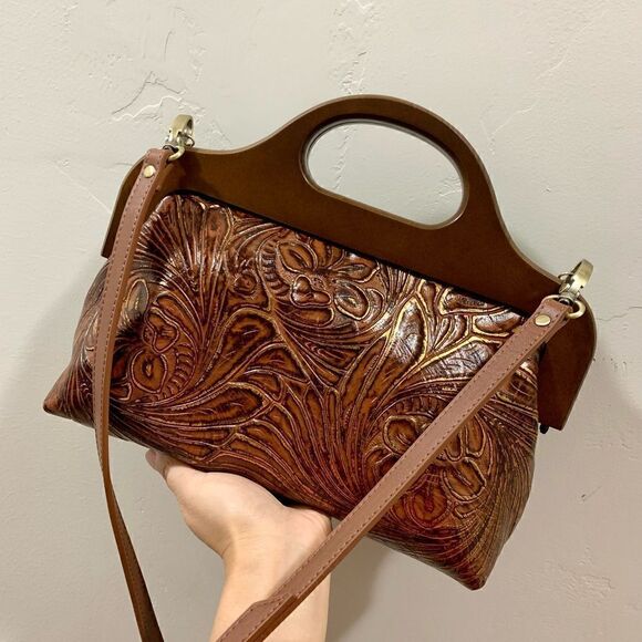 Vintage Style Handmade Genuine Embossed Leather Wooden Frame Bag/Crossbody - Picture 3 of 16
